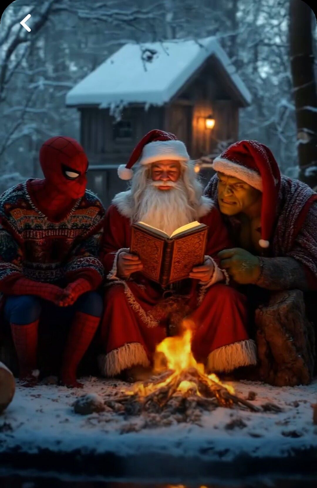 Santa telling a story by the fireplace