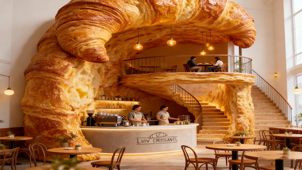 Oversized Croissant Interacting with People